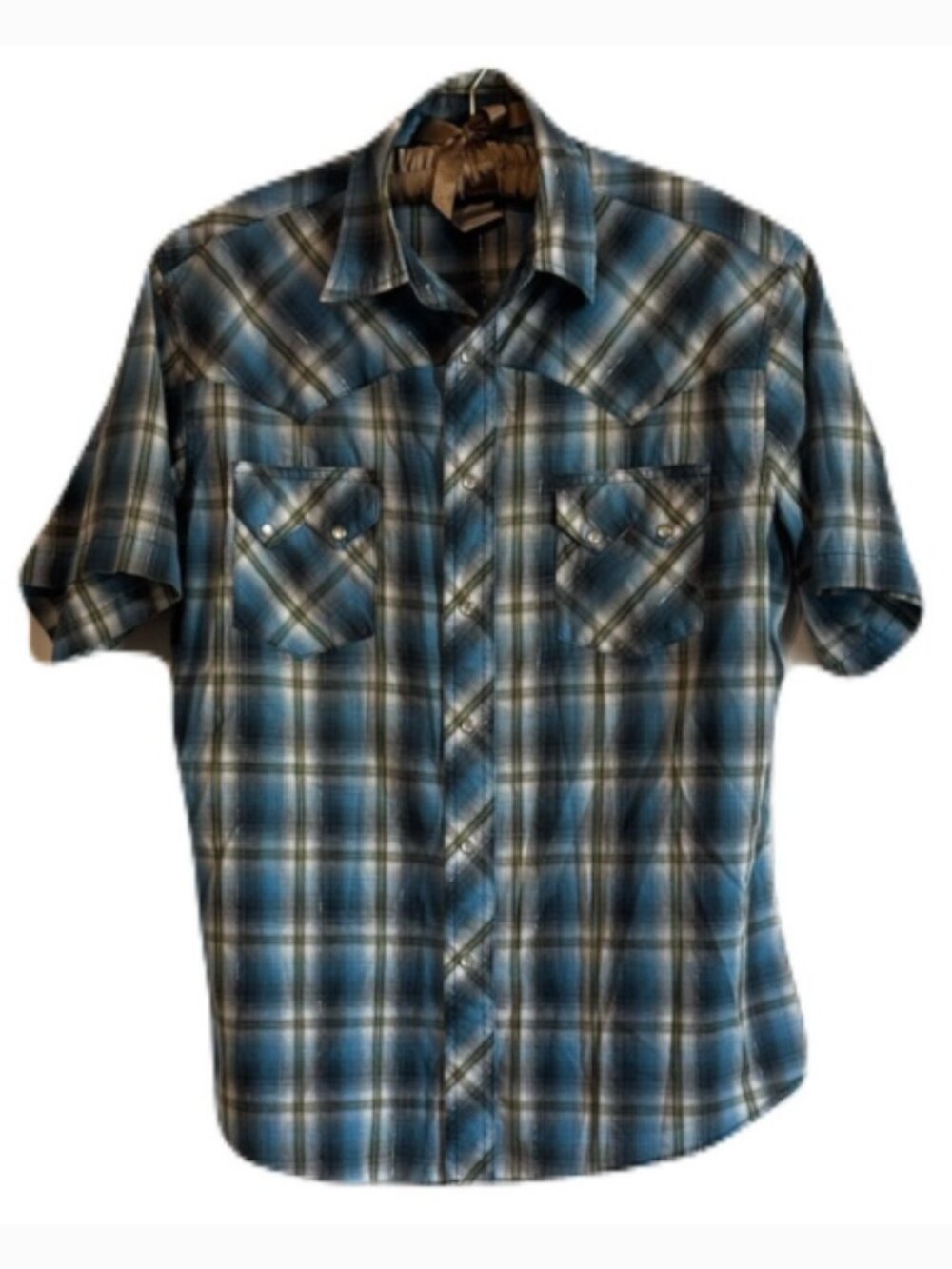 Wrangler Western Fashion Men’s L Blue Plaid Silver Metallic Pearl Snap Shirt